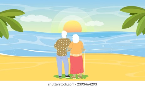 Senior old loving couple looking at sunset during romantic dating on seaside vector illustration. View from back on elderly man and woman hugging enjoying tranquility of evening best moments of life