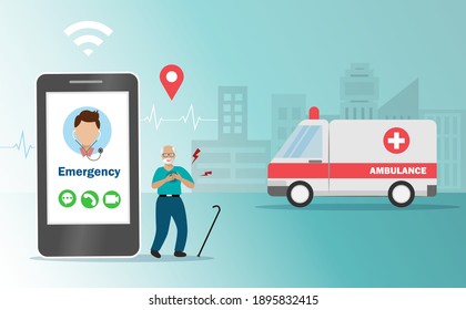 Senior old man calling emergency ambulance for help from heart attack. Medical and healthcare technology service for elderly people unhealthy aging concept.