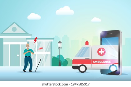 Un anciano llama a una ambulancia de emergencia a través de un smartphone para obtener ayuda de un ataque al corazón. Concepto de servicios de tecnología médica y de salud para personas mayores.