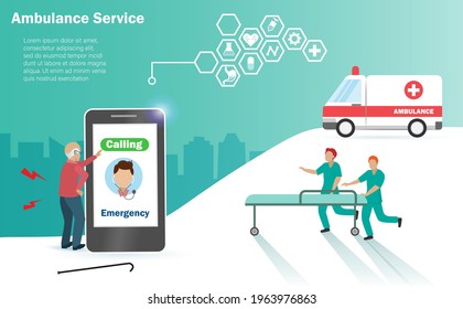Senior old man calling emergency ambulance for help from sickness with medical team hurry to help. Healthcare technology service for elderly people, unhealthy aging concept.