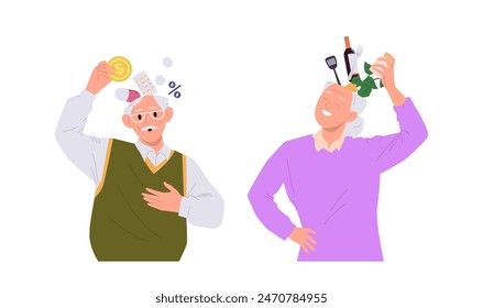 Senior old man and elderly aged woman cute cartoon characters filling open head with knowledge