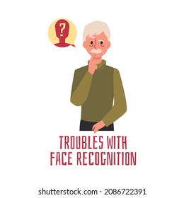 Senior old man with face recognition and memory problem does not recognize someone they are thinking about. Isolated vector illustration of Alzheimer disease symptom