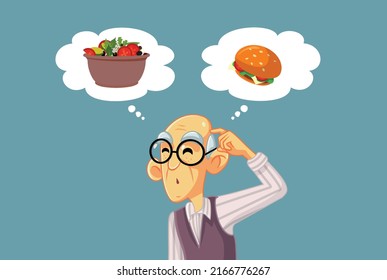 
Senior Old Man Thinking What to Eat Vector Cartoon Illustration. Grandpa trying to eat healthy craving for junk food caloric meal
