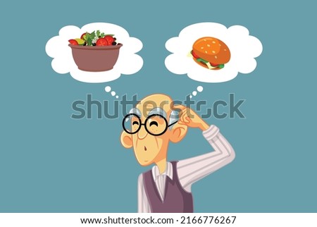 
Senior Old Man Thinking What to Eat Vector Cartoon Illustration. Grandpa trying to eat healthy craving for junk food caloric meal
