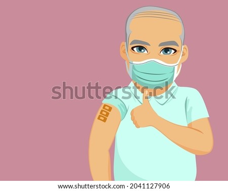 Senior old man with third Covid 19 vaccine dose booster shot thumb up