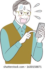 Senior old man in total shock with a message he's receiving over his cell phone