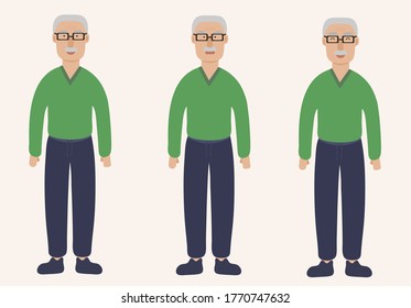 Senior  old man - vector flat cartoon people character set isolated on light background in home clothes. Grandfather in different emotions feeling set. Gray-haired man in glasses. Good for animated.