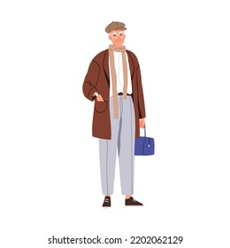 Hombre mayor de edad con ropa moderna y elegante. Ancianos mayores con ropa de moda, gorra, pañuelo y gafas. Persona vestida con ropa elegante. Ilustración vectorial gráfica plana aislada en fondo blanco