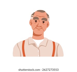 Senior old man, wrinkled face avatar. Smiling gray-haired retired male character, head portrait. Elderly aged person, friendly calm expression. Flat vector illustration isolated on white background