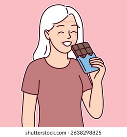 Senior old older elder Joyful white-haired woman eating a chocolate bar while smiling, illustration representing happiness, taste, and treats