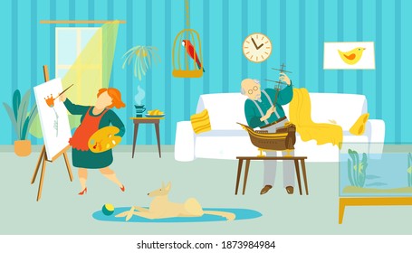 Senior old people couple at home, elderly family leisure lifestyle vector illustration. Mature male female person relaxation with hobby. Aged cartoon woman man at chair, happy retired character.