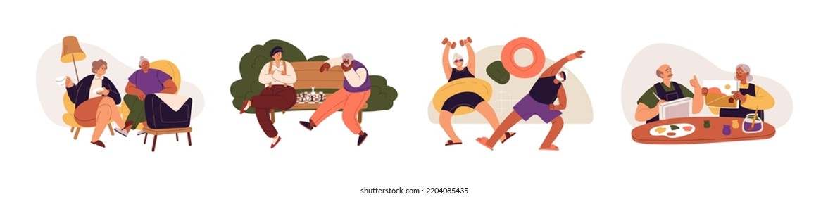 Senior old people at leisure set. Hobbies, activities, social life of elderly men and women. Happy aged characters play chess, exercise, paint. Flat vector illustrations isolated on white background.