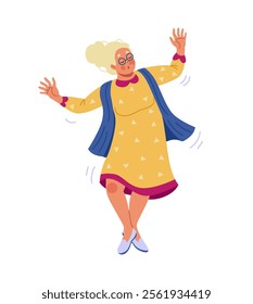 Senior old woman. Happy elder female character. Dancing grandmother. Active moving cheerful pensioner. Positive mature, smiling grandparent in bright clothes. Vector cartoon flat isolated illustration