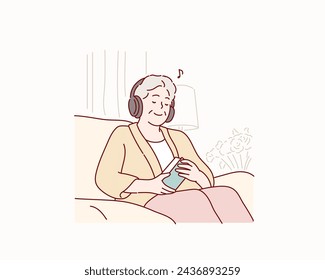 Senior old woman listening to her favourite music through big headphones. Hand drawn style vector design illustrations.