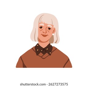 Senior old woman smiling. Elderly lady with gray hair, face avatar, head portrait. Elder aged retired female character, business person. Flat vector illustration isolated on white background