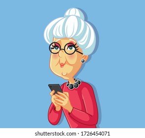 Senior Old Woman Using Smartphone Cartoon Character. Retired grandmother using technology for family communication
