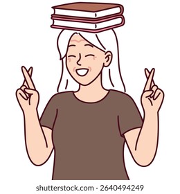 Senior old woman. white-haired girl balancing books on her head while smiling and showing peace signs, representing joy, positivity, and academic balance	