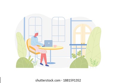Senior Old Woman Work on Laptop. Elderly Lady with Computer and Cup of Tea Sitting at Table on House Terrace. Seniors and Technology. Retired People and Social Media Communication. Vector Illustration
