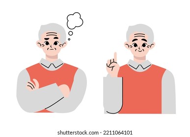 A senior older man who is worried and a man who has solved it. Flat vector illustration isolated on white background
