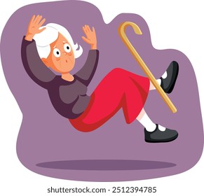 
Senior Older Woman Falling with Walking Cane Vector Illustration. Elderly person stumbling being weak and sick 
