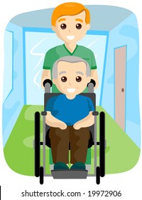 Senior on Wheelchair with Caregiver - Vector