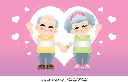 A senior oriental couple with casual costume and a love background.