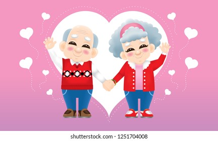A senior oriental couple with winter costume and a love background.