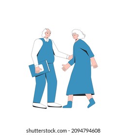 Senior pair standing together. Elderly woman and man. Vector character line art illustration isolated on white background.