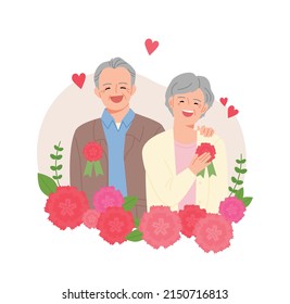 Padres mayores vistiendo broches de clavel y sonriendo alegremente. Los claveles están decorados bajo el carácter. Logo del Día de los Padres. ilustración vectorial de estilo de diseño plano.