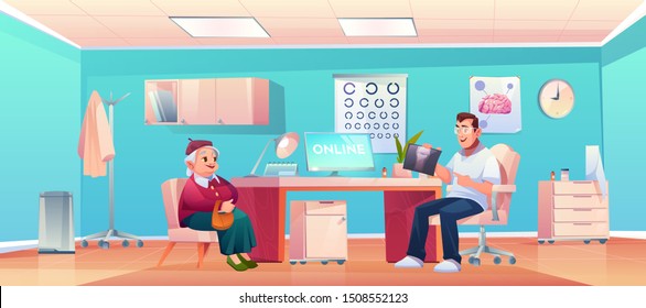 Senior Patient At Doctor Therapist Office, Old Lady And Man Practitioner At Hospital Medical Office Or Cabinet For Consultation And Medicine Diagnosis Checkup. Health Care Cartoon Vector Illustration