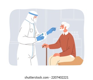 Senior patient during covid-19, coronavirus rapid PCR test. Collecting saliva sample, swab of elderly old man in clinic, laboratory. Flat graphic vector illustration isolated on white background