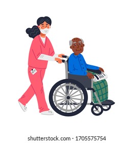 Senior patient. An elderly african american man in a wheelchair and female nurse in a face mask on a white background. Senior people protection, stay safe concept. Simple flat vector illustration