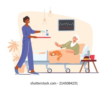 Senior Patient Female Character Lying in Clinic Ward for Treatment. Health Care Medical Staff Nurse Bringing Medicine Pills to Old Woman Lying in Hospital Bed. Cartoon People Vector Illustration