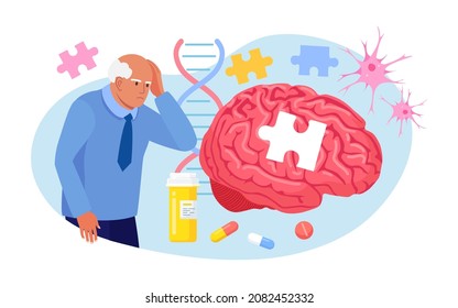 Senior patient hold his head and suffering from Alzheimer's disease, amnesia. Memory loss, brain illness treatment. Alzheimer disease, dementia, dotage concept. Neurology therapy, mental illness