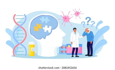 Senior patient hold his head and suffering from Alzheimer's disease, amnesia, getting medical help. Memory loss, brain illness treatment. Alzheimer disease, dementia, dotage. Neurology, mental therapy