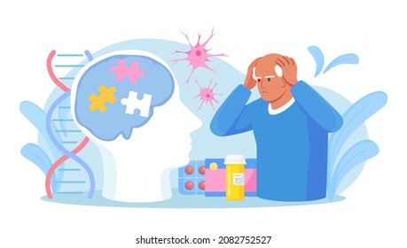 Senior patient hold his head and suffering from Alzheimer's disease, amnesia. Memory loss, brain illness treatment. Alzheimer disease, dementia, dotage concept. Neurology therapy, mental illness