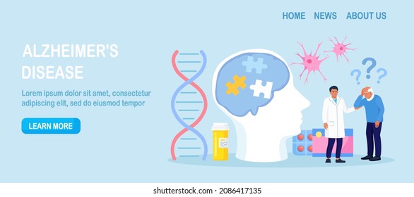 Senior patient hold his head and suffering from Alzheimer's disease, amnesia, getting medical help. Memory loss, brain illness treatment. Alzheimer disease, dementia, dotage. Neurology, mental therapy