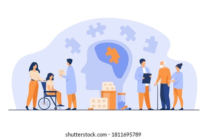 Senior patient medical rehabilitation flat vector illustration. Cartoon doctors giving treatment to people with brain disease and Alzheimer. Neurology therapy and medicine concept