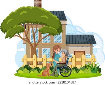 Senior patient on wheelchair with caregiver illustration