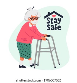 Senior patient protection, stay safe concept. Social poster with An elderly woman in a face mask. Simple flat vector vertical illustration