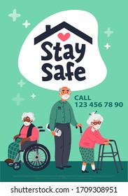 Senior patient protection, stay safe concept. Social poster with An elderly women and man in a face mask. Simple flat vector vertical illustration