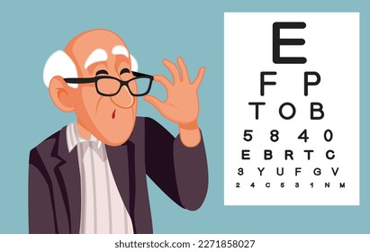 
Senior Patient Squinting During Eye Examination Vector Medical Illustration. Elderly person having a poor vision trying on eyeglasses
