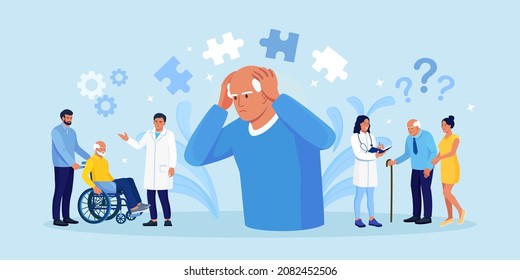 Senior patient suffering from Alzheimer's disease, getting medical help. Memory loss, brain illness treatment. Alzheimer disease, dementia, dotage concept. Neurology therapy, mental illness