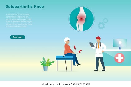 Senior patient suffering from osteoarthritis knee pain, degenerative joint pain caused by wear and tear with doctor diagnosis in hospital room. Medical and healthcare innovation technology concept.