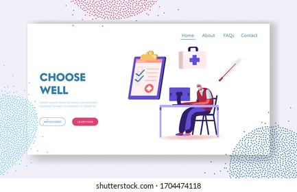 Plantilla de la Página de Inicio de Registros de Salud Electrónicos para Pacientes de EHR. Personaje de edad avanzada Inserte datos médicos en el ordenador para enviar al médico a través de Internet, la innovación en medicina. Ilustración de vectores de caricatura