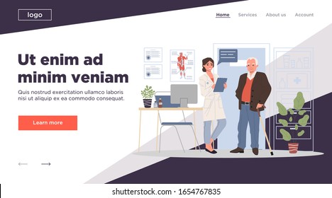 Senior patient visiting doctor office. Old man with cane consulting physician. Vector illustration for medical consultation, diagnosis treatment, healthcare concept