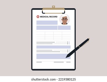 A senior patient's medical chart clipped to a clipboard