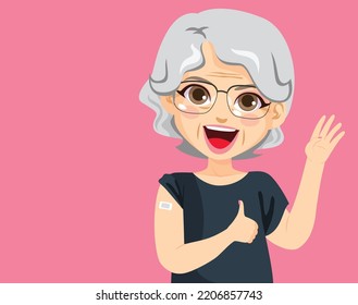 Senior pensioner woman with hand raised four times gesture and getting immunization showing vaccinated arm. Female person getting immunization because of age risks. Fourth dose concept