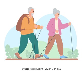 Senior people active healthy lifestyle concept. Elderly couple of men and women walking, hiking or traveling. Vector cartoon or flat illustration.