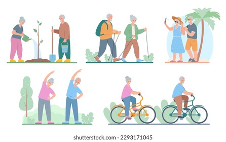 Senior Menschen aktiv gesunden Lebensstil und Hobbys Set. Ältere Männer und Frauen, die zu Fuß gehen, Gärtnern, Radfahren, Reisen und Übungen gehen. Vektorgrafik oder flache Illustration.